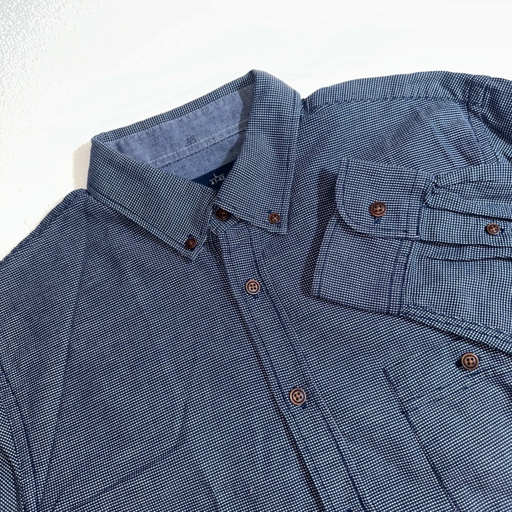 C&A Canda Mens Navy Blue Micro Check Button Down Long Sleeve Shirt Size‎ L 41-42